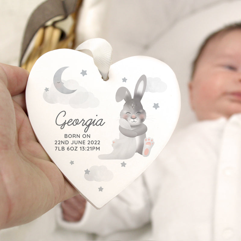 Personalised Baby Bunny Wooden Heart Decoration Hanging Decorations & Signs Everything Personal
