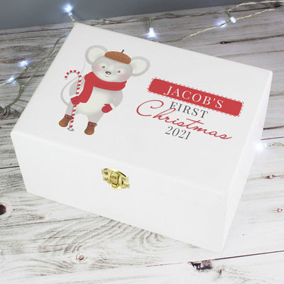 Personalised '1st Christmas' Mouse White Wooden Keepsake Box Christmas Decorations Everything Personal