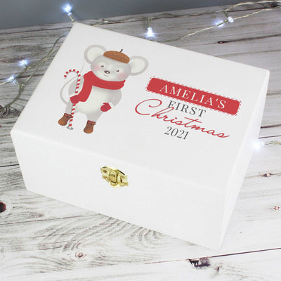 Personalised '1st Christmas' Mouse White Wooden Keepsake Box Christmas Decorations Everything Personal