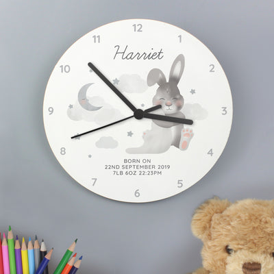 Personalised Baby Bunny White Wooden Clock Clocks & Watches Everything Personal