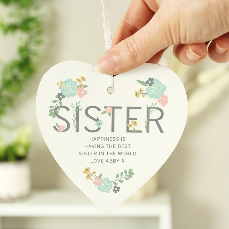 Personalised Sister Floral Wooden Heart Decoration Wooden Everything Personal