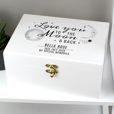 Personalised Baby To The Moon and Back White Wooden Keepsake Box Storage Everything Personal