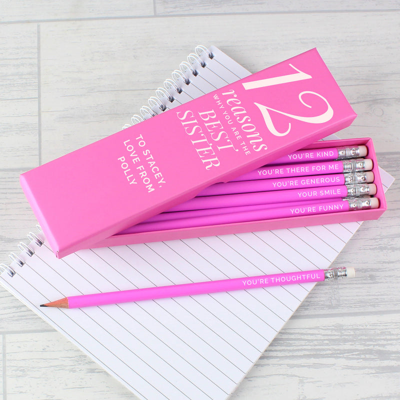 Personalised 12 Reasons Box and 12 Pink HB Pencils Stationery & Pens Everything Personal