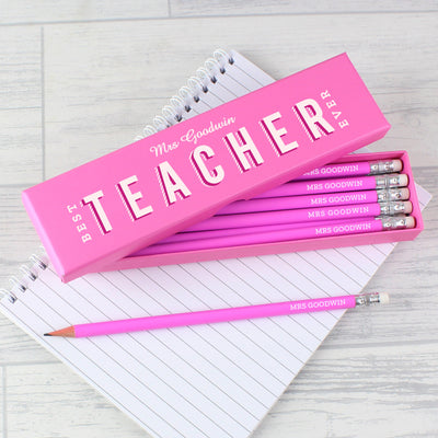 Personalised Best Teacher Ever Box and 12 Pink HB Pencils Stationery & Pens Everything Personal