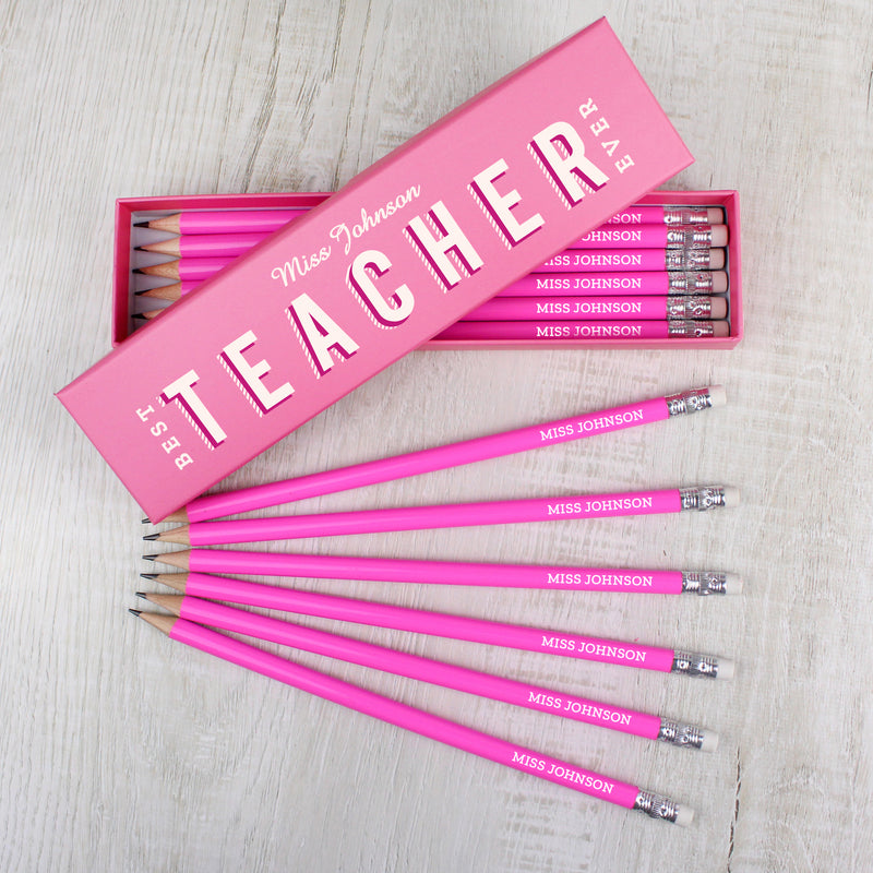 Personalised Best Teacher Ever Box and 12 Pink HB Pencils Stationery & Pens Everything Personal