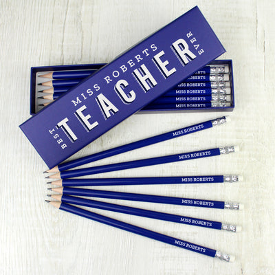 Personalised Best Teacher Ever Box and 12 Blue HB Pencils Stationery & Pens Everything Personal