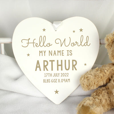 Personalised Hello World Large Wooden Heart Decoration Hanging Decorations & Signs Everything Personal
