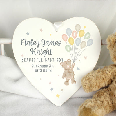 Personalised Teddy & Balloons White Wooden Heart Hanging Decorations & Signs Everything Personal