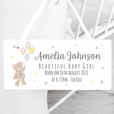 Personalised Teddy & Balloons White Wooden Sign Hanging Decorations & Signs Everything Personal