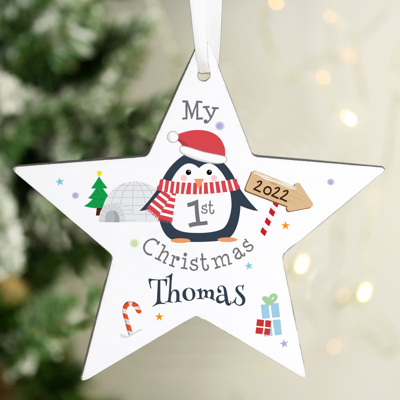 Personalised 1st Christmas Penguin Wooden Star Decoration Hanging Decorations & Signs Everything Personal