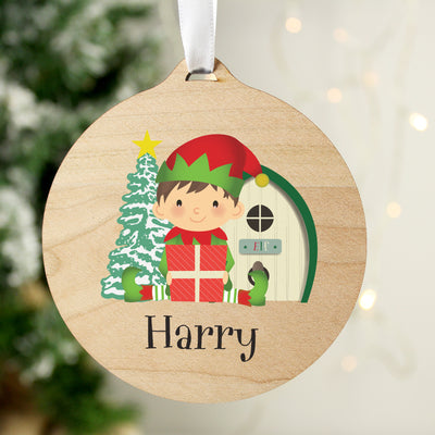 Personalised Elf Round Wooden Decoration Wooden Everything Personal