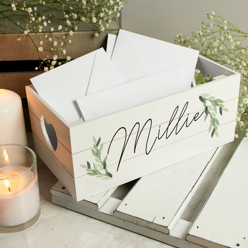 Personalised Botanical White Wooden Crate Wooden Everything Personal