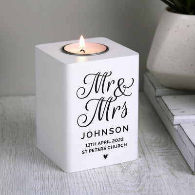 Personalised Mr & Mrs White Wooden Tea light Holder Wooden Everything Personal