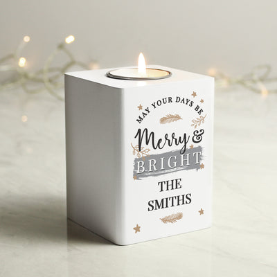 Personalised Merry & Bright White Wooden Tea light Holder Wooden Everything Personal
