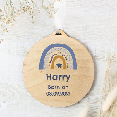 Personalised Blue Rainbow Round Wooden Decoration Hanging Decorations & Signs Everything Personal