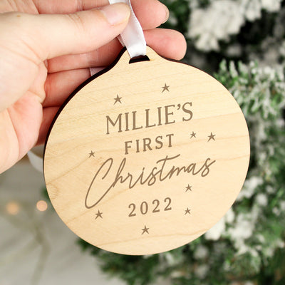 Personalised Baby's First Christmas Round Wooden Decoration Christmas Decorations Everything Personal