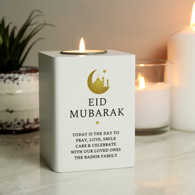Personalised Eid and Ramadan White Wooden Tea light Holder Candles & Reed Diffusers Everything Personal