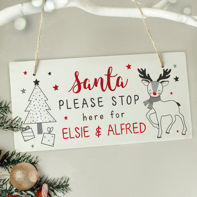 Personalised Rudolph Santa Please Stop Here Sign Hanging Decorations & Signs Everything Personal