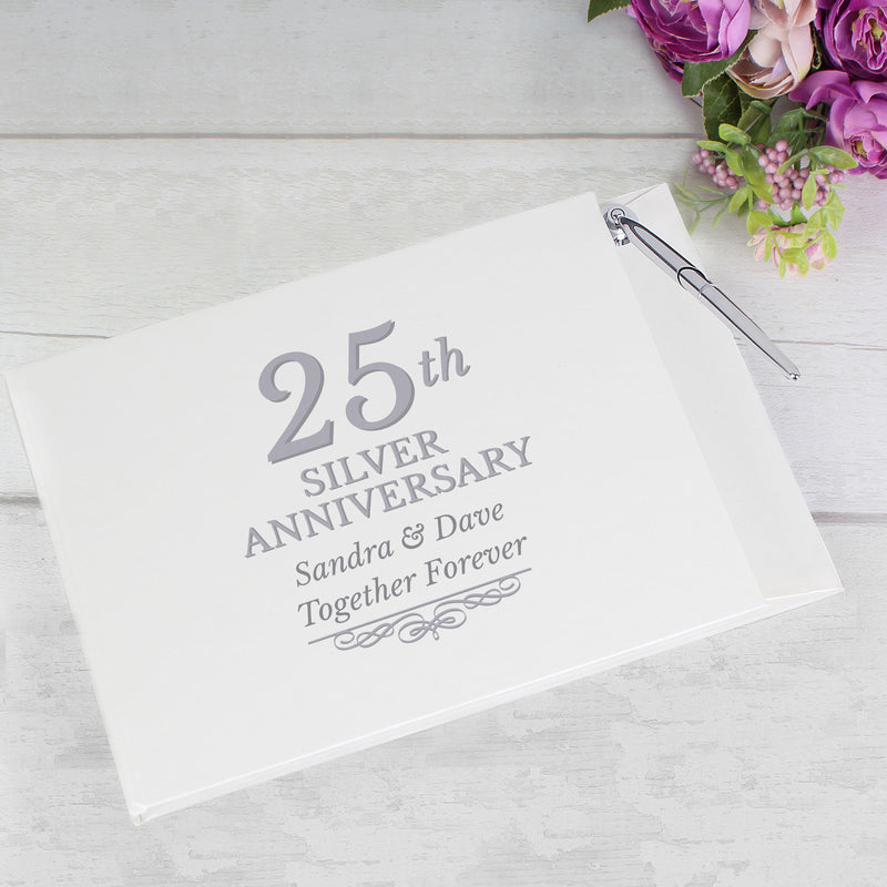 Personalised 25th Silver Anniversary Hardback Guest Book & Pen Photo Frames, Albums and Guestbooks Everything Personal
