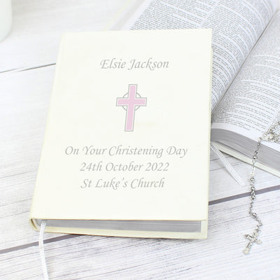 Personalised Pink Cross Holy Bible - Eco-friendly Books Everything Personal