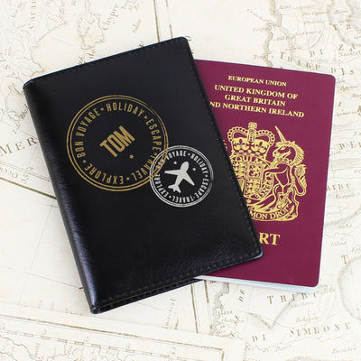 Personalised Stamped Black Passport Holder Leather & Leatherette Everything Personal