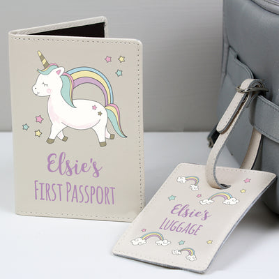 Personalised Baby Unicorn Cream Passport Holder & Luggage Tag Set Leather & Leatherette Everything Personal