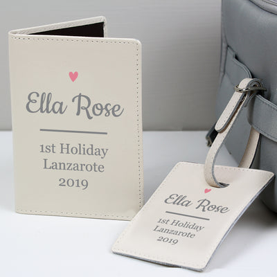 Personalised Pink Heart Cream Passport Holder & Luggage Tag Set Leather & Leatherette Everything Personal