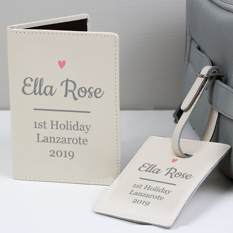 Personalised Pink Heart Cream Passport Holder & Luggage Tag Set Leather & Leatherette Everything Personal