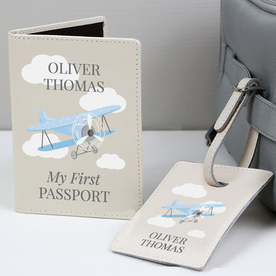 Personalised Blue Plane Passport Holder & Luggage Tag Set Leather & Leatherette Everything Personal