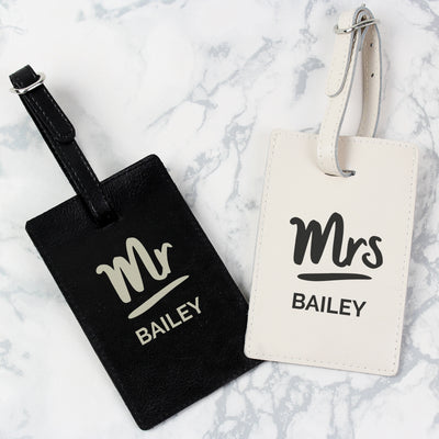 Personalised Mr & Mrs Black & Cream Luggage Tag Set Leather & Leatherette Everything Personal