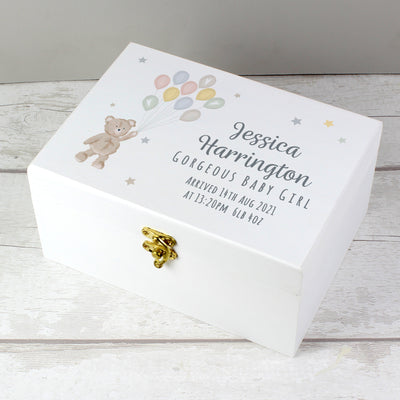 Personalised Teddy & Balloons White Wooden Keepsake Box Trinket, Jewellery & Keepsake Boxes Everything Personal
