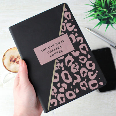 Personalised Leopard Print Black Hardback Notebook Stationery & Pens Everything Personal