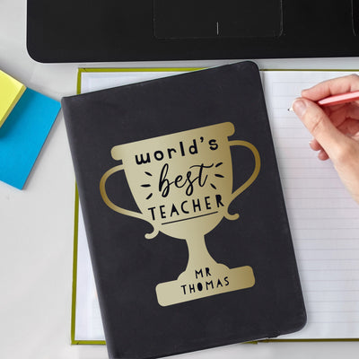 Personalised Worlds Best Teacher Trophy Black Hardback Notebook Stationery & Pens Everything Personal