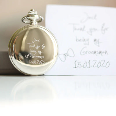 Engraved Custom Silver Dual Opening Pocket Watch with Your Own Handwriting or Drawing Jewellery Everything Personal