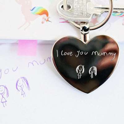 Personalised Heart Key Ring Keyring in Silver or Rose Gold Engraved with Your Own Handwriting or Drawing Silver Jewellery Everything Personal