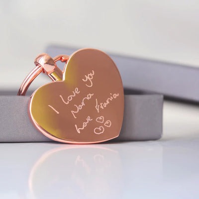 Personalised Heart Key Ring Keyring in Silver or Rose Gold Engraved with Your Own Handwriting or Drawing Jewellery Everything Personal