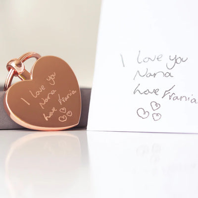 Personalised Heart Key Ring Keyring in Silver or Rose Gold Engraved with Your Own Handwriting or Drawing Rose Gold Jewellery Everything Personal
