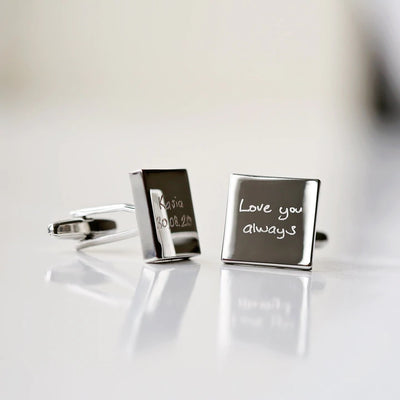 Personalised Silver or Rose Gold Square Cufflinks Engraved with Your Own Handwriting or Drawing Silver Standard Jewellery Everything Personal