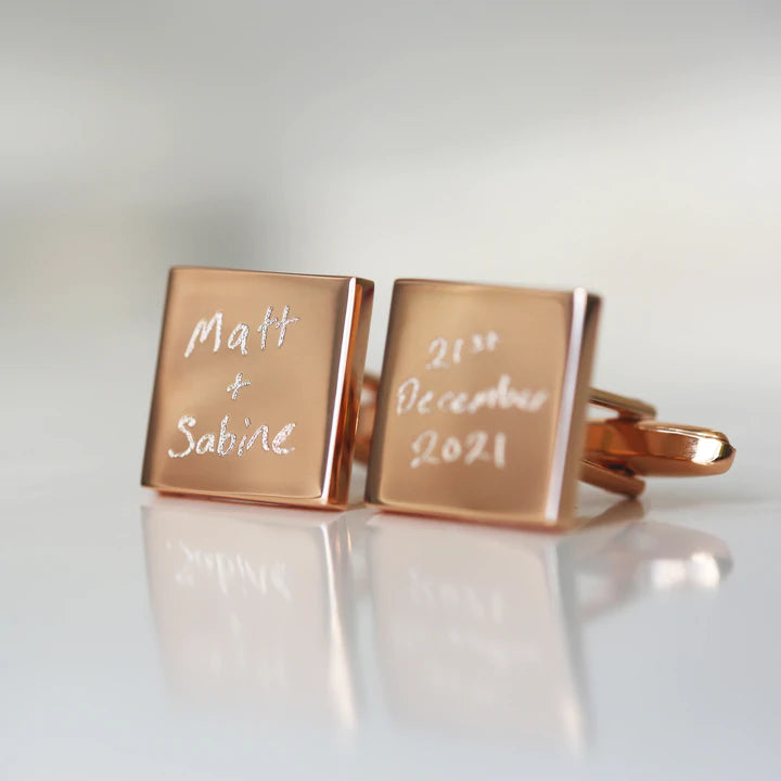 Personalised Silver or Rose Gold Square Cufflinks Engraved with Your Own Handwriting or Drawing Rose Gold Standard Jewellery Everything Personal