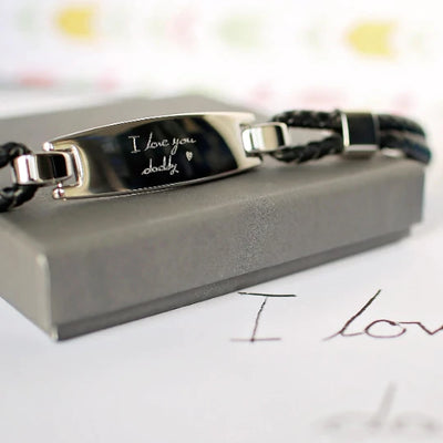 Personalised Men's Woven Leather Bracelet Engraved with Your Own Handwriting or Drawing Jewellery Everything Personal