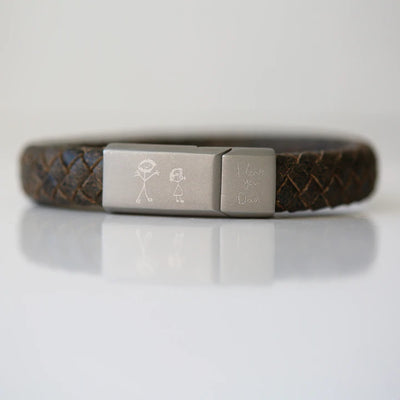 Personalised Antique Style Rustic & Leather Bracelet Engraved with Your Own Handwriting or Drawing Jewellery Everything Personal