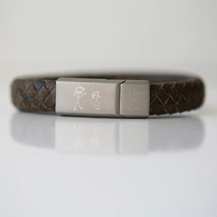 Personalised Antique Style Rustic & Leather Bracelet Engraved with Your Own Handwriting or Drawing Jewellery Everything Personal