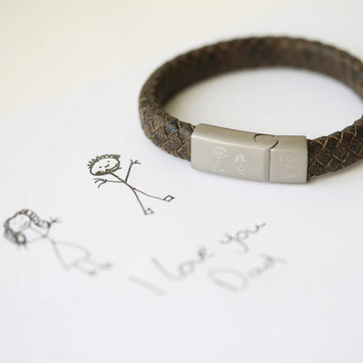 Personalised Antique Style Rustic & Leather Bracelet Engraved with Your Own Handwriting or Drawing Jewellery Everything Personal