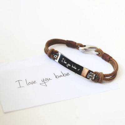 Personalised Men's Leather Tan Bracelet Engraved with Your Own Handwriting or Drawing Jewellery Everything Personal