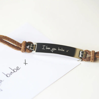 Personalised Men's Leather Tan Bracelet Engraved with Your Own Handwriting or Drawing Jewellery Everything Personal