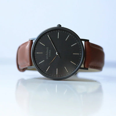 Mens Personalised Architect Minimalist Watch with a Walnut Brown Leather Interchangeable Strap Engraved with Your Own Handwriting or Drawing Jewellery Everything Personal