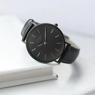 Men's Personalised Architect Minimalist Watch with a Black Leather Interchangeable Strap Engraved with Your Own Handwriting or Drawing Jewellery Everything Personal