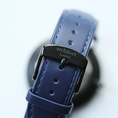 Men's Personalised Architect Minimalist Watch with a Blue Leather Interchangeable Strap Engraved with Your Own Handwriting or Drawing Jewellery Everything Personal