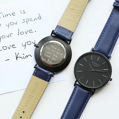 Men's Personalised Architect Minimalist Watch with a Blue Leather Interchangeable Strap Engraved with Your Own Handwriting or Drawing Jewellery Everything Personal