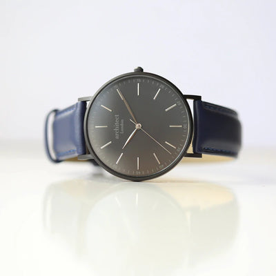 Men's Personalised Architect Minimalist Watch with a Blue Leather Interchangeable Strap Engraved with Your Own Handwriting or Drawing Jewellery Everything Personal